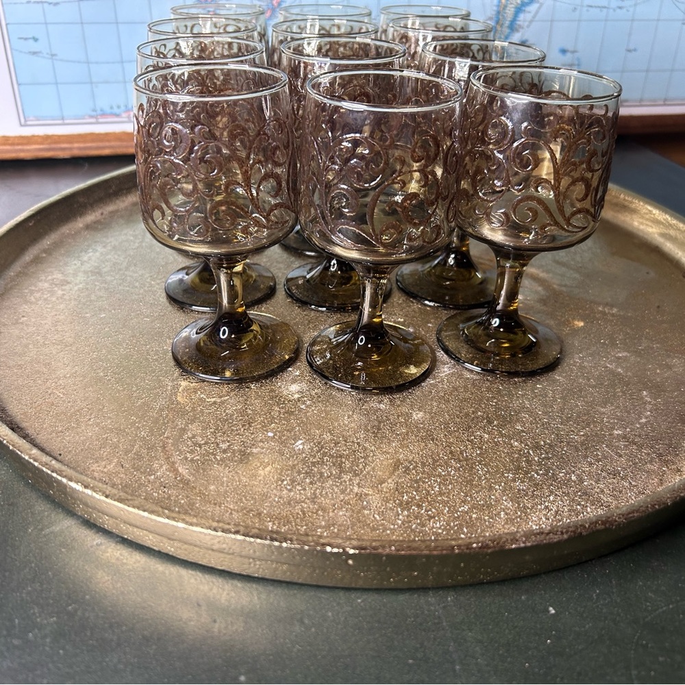 A set of 12  small libbey "Prado" smokey brown  goblets.